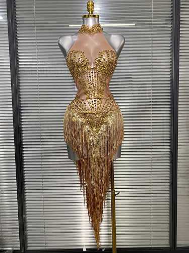 Rhinestone Fringes Halter Party Dress