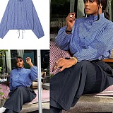 Drawstring Lantern Sleeves Plaid Shirt