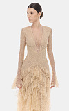 Deep V-Neck Ruffled Lace Gown