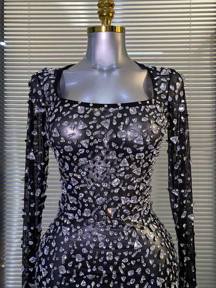 Black Mesh Long Sleeves Rhinestone Mini Dress