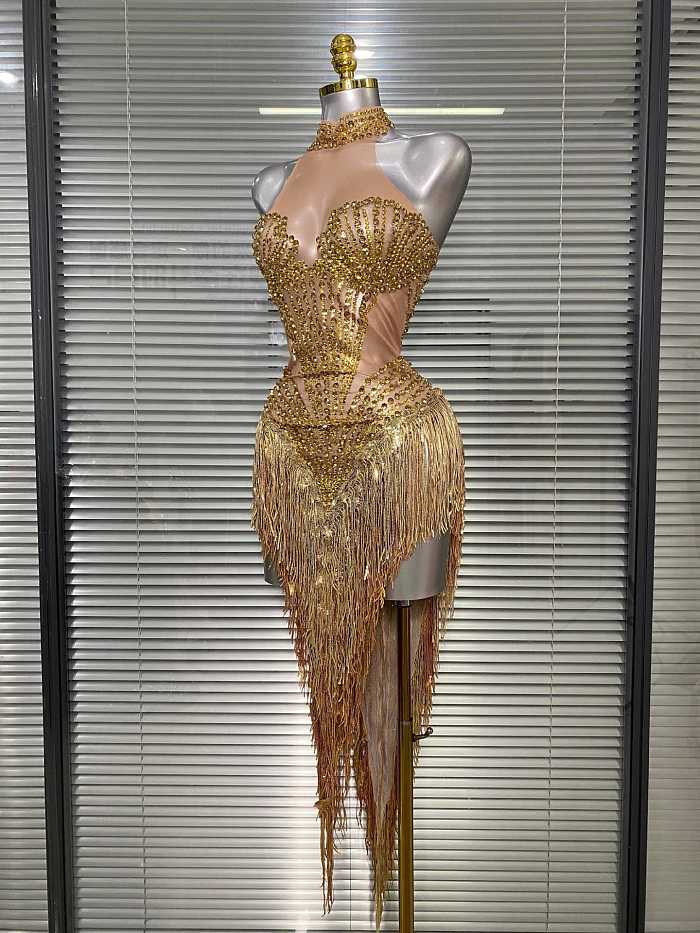 Rhinestone Fringes Halter Party Dress