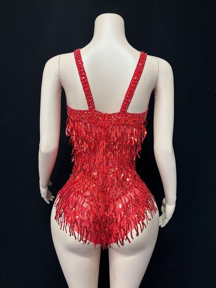 Red Crystal Beaded Fringe Taylor-Inspired Bodysuit