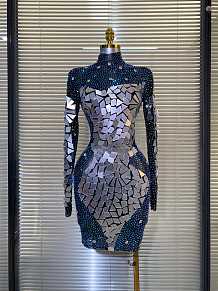 Long Sleeve Acrylic Embellished Dress