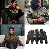 Cropped Cargo Leather Jacket