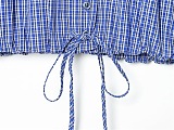 Drawstring Lantern Sleeves Plaid Shirt