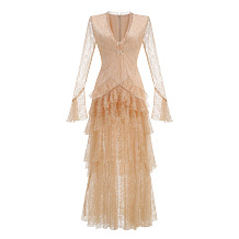 Deep V-Neck Ruffled Lace Gown