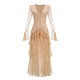 Deep V-Neck Ruffled Lace Gown