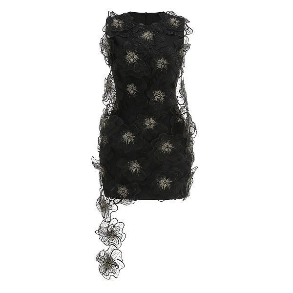 Black Floral Applique Lace Mini Dress