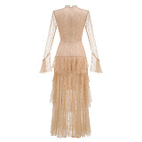 Deep V-Neck Ruffled Lace Gown