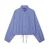 Drawstring Lantern Sleeves Plaid Shirt