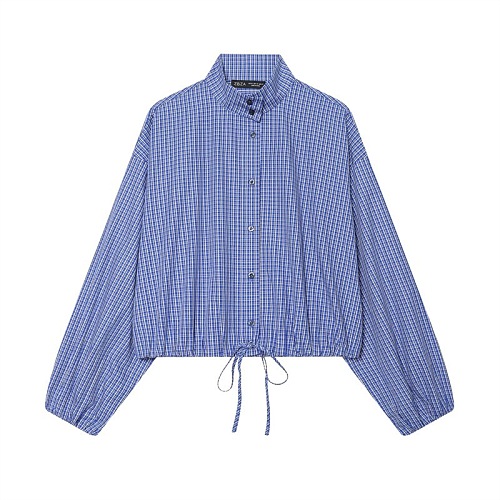Drawstring Lantern Sleeves Plaid Shirt