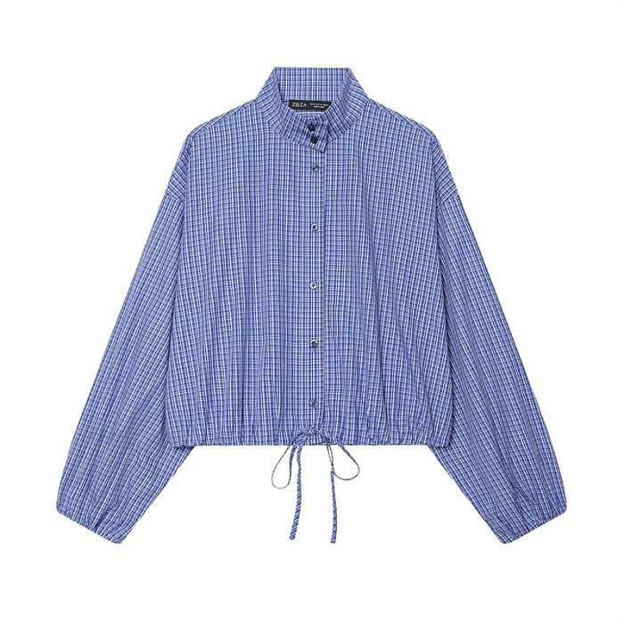 Drawstring Lantern Sleeves Plaid Shirt
