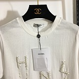 Chanel Luxury White Crewneck T-Shirt with Pearl-Embellished Logo Lettering