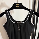Chanel Chic Black Ribbed One-Piece Swimsuit with White Scalloped Edges