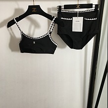 Chanel Chic Black Bikini Set with White Scalloped Zig-Zag Edges