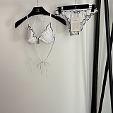 Chanel Romantic White Ruffled Triangle Bikini Set with Black Contrast Piping