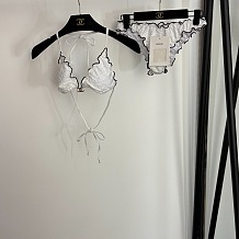 Chanel Romantic White Ruffled Triangle Bikini Set with Black Contrast Piping