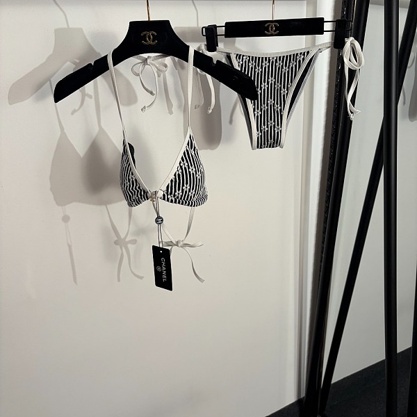 Chanel Monogram Stripe Tie-Side Bikini Set