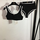 Chanel Retro Ribbed Contrast Bikini Set with High-Waisted Bottoms