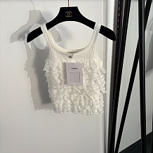 Chanel Romantic White Ribbed Knit Tank Top with Tiered Lace Ruffles