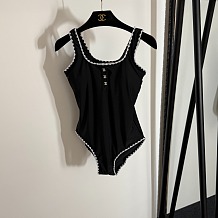 Chanel Chic Black Ribbed One-Piece Swimsuit with White Scalloped Edges