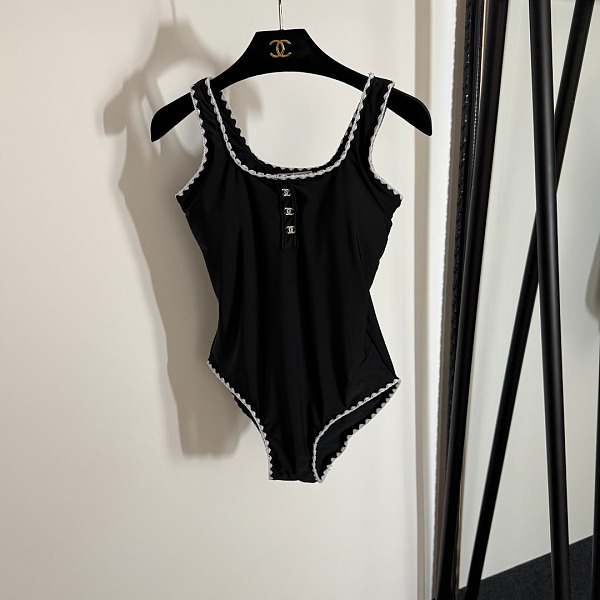 Chanel Chic Black Ribbed One-Piece Swimsuit with White Scalloped Edges