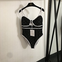 Chanel Glamorous Black Crystal-Embellished One-Piece Swimsuit with Bow Accent