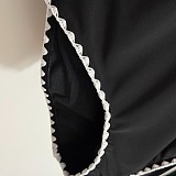 Chanel Chic Black Ribbed One-Piece Swimsuit with White Scalloped Edges