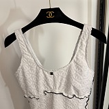 Chanel Luxury White Embossed CC Logo One-Piece with Ruffle Trim