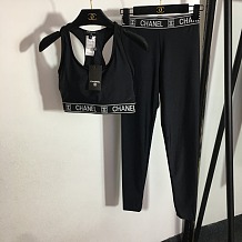 Chanel Luxury Monochromatic Cropped Sports Bra & Leggings Set with Signature Branding
