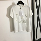 Chanel Luxury White Crewneck T-Shirt with Pearl-Embellished Logo Lettering