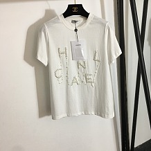 Chanel Luxury White Crewneck T-Shirt with Pearl-Embellished Logo Lettering