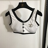 Chanel Sophisticated Button-Up Two-Tone Bikini Set with Crystal CC