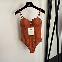 Chanel Embossed CC Logo Terrakotta One-Piece Swimsuit
