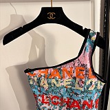 Chanel Asymmetric One-Shoulder Logo Swimsuit with Cut-Out Detail