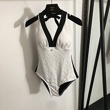 Chanel Elegant Quilted-Texture Halter Neck One-Piece Swimsuit