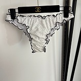 Chanel Romantic White Ruffled Triangle Bikini Set with Black Contrast Piping