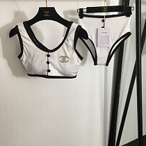 Chanel Sophisticated Button-Up Two-Tone Bikini Set with Crystal CC