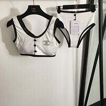 Chanel Sophisticated Button-Up Two-Tone Bikini Set with Crystal CC
