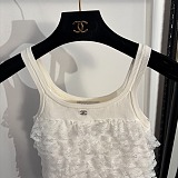 Chanel Romantic White Ribbed Knit Tank Top with Tiered Lace Ruffles
