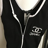 Chanel Modern Zip-Up Logo One-Piece Swimsuit with Contrast Trim