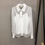 Gucci  Sheer GG Net-Lace Long-Sleeve Shirt with Camisole Set in White