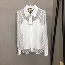 Gucci  Sheer GG Net-Lace Long-Sleeve Shirt with Camisole Set in White