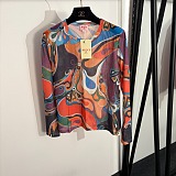 Pucci Kaleidoscopic Vibrant Print Sheer Mesh Top & Tiered Ruffle Maxi Skirt Set