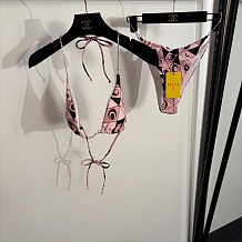 Pucci Geometric Marbled Print Triangle Bikini Set with Metallic Chain Straps