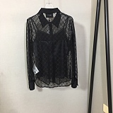Gucci  Sheer GG Net-Lace Long-Sleeve Shirt with Camisole Set in Black