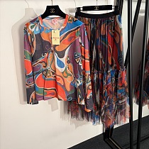 Pucci Kaleidoscopic Vibrant Print Sheer Mesh Top & Tiered Ruffle Maxi Skirt Set