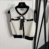 Chanel Contrast Open-Work Knit Vest with Camellia Brooch