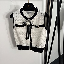 Chanel Contrast Open-Work Knit Vest with Camellia Brooch