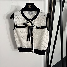Chanel Contrast Open-Work Knit Vest with Camellia Brooch